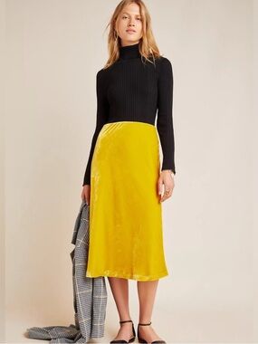 Maeve by Anthropology Yellow Satin Midi Skirt